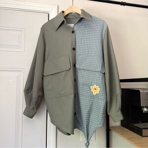 KKCO Sage Olive blue houndstooth plaid patchwork color block oversized shirt
